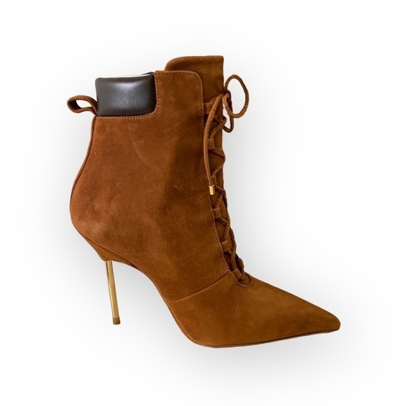 NIB Good American Suede Tobacco Scandal Lace Up Booties -Size 7 - Picture 1 of 9